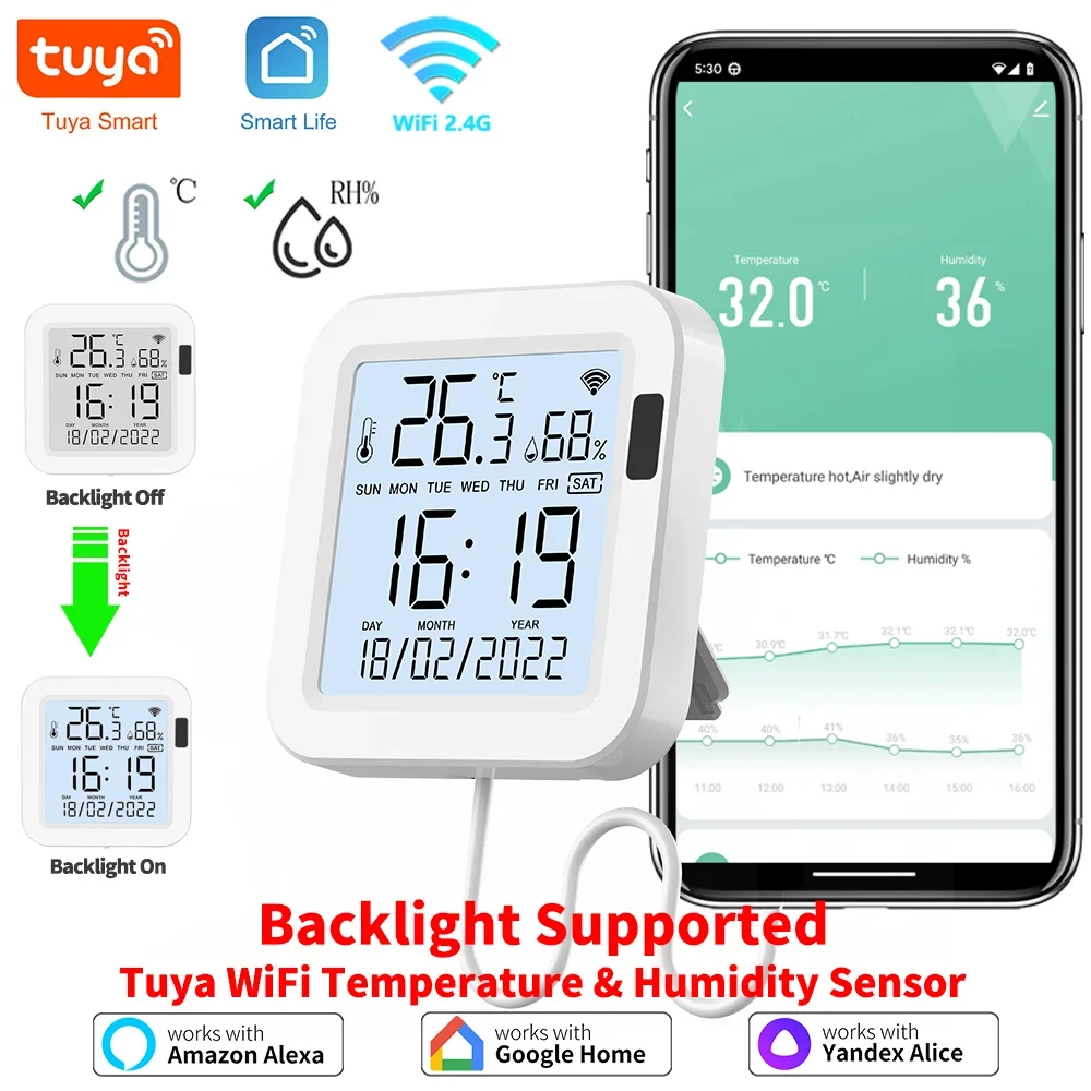 Tuya Temperature and Humidity Smart Sensor With Backlight for Smart Home var WiFi SmartLife Work with Alexa Google Assistant