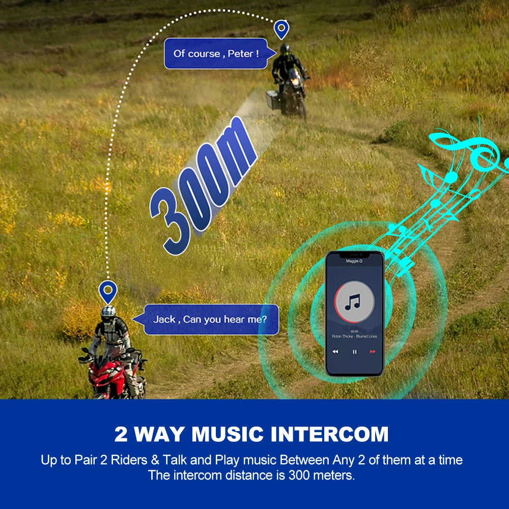 Kebidumei YP10 2X Wireless Bluetooth5.3 Motorcycle Helmet Intercom Headset Waterproof 300 m Intercomunicador Speaker Earphone
